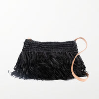 Small raffia black handbag with fringing detail. Fully lined with inside pocket, adjustable leather shoulder straps and magnetic clasp closing.