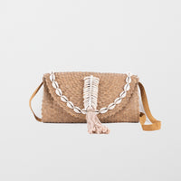 Seagrass natural dark handbag with shell decoration and adjustable fabric shoulder straps. Fully lined. 