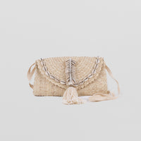 Seagrass natural light handbag with shell decoration and adjustable fabric shoulder straps. Fully lined.