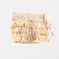 Large light raffia handbag with fringe detail and adjustable leather shoulder straps. Fully lined with inside pocket.