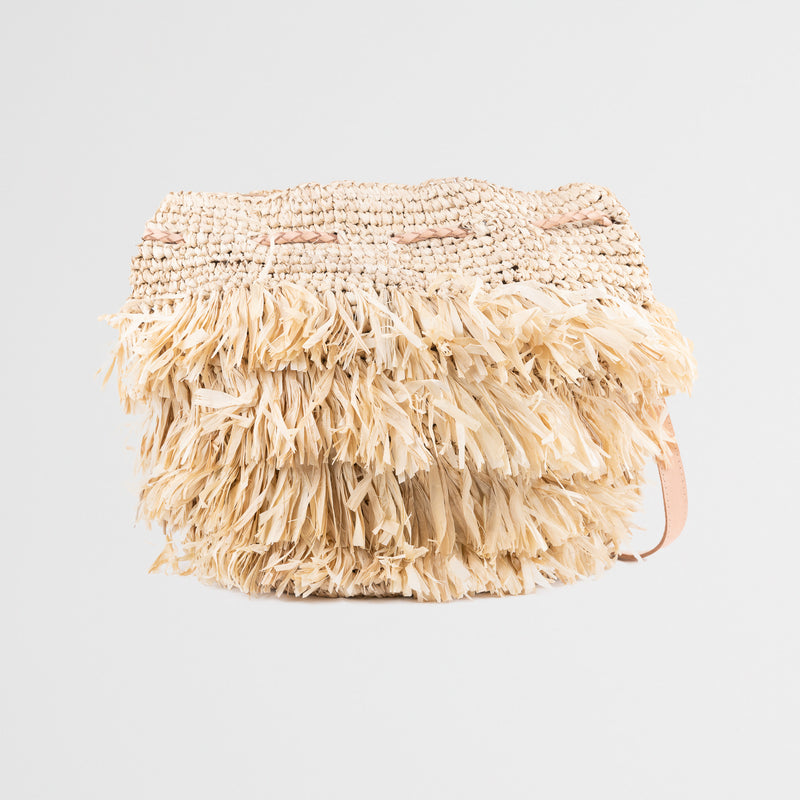 Large light raffia handbag with fringe detail and adjustable leather shoulder straps. Fully lined with inside pocket.