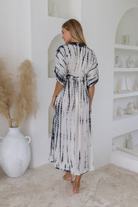 Womens mid length tie dye dress in cream featuring a hand beaded neckline, kimono sleeves, elasticated waist and pockets