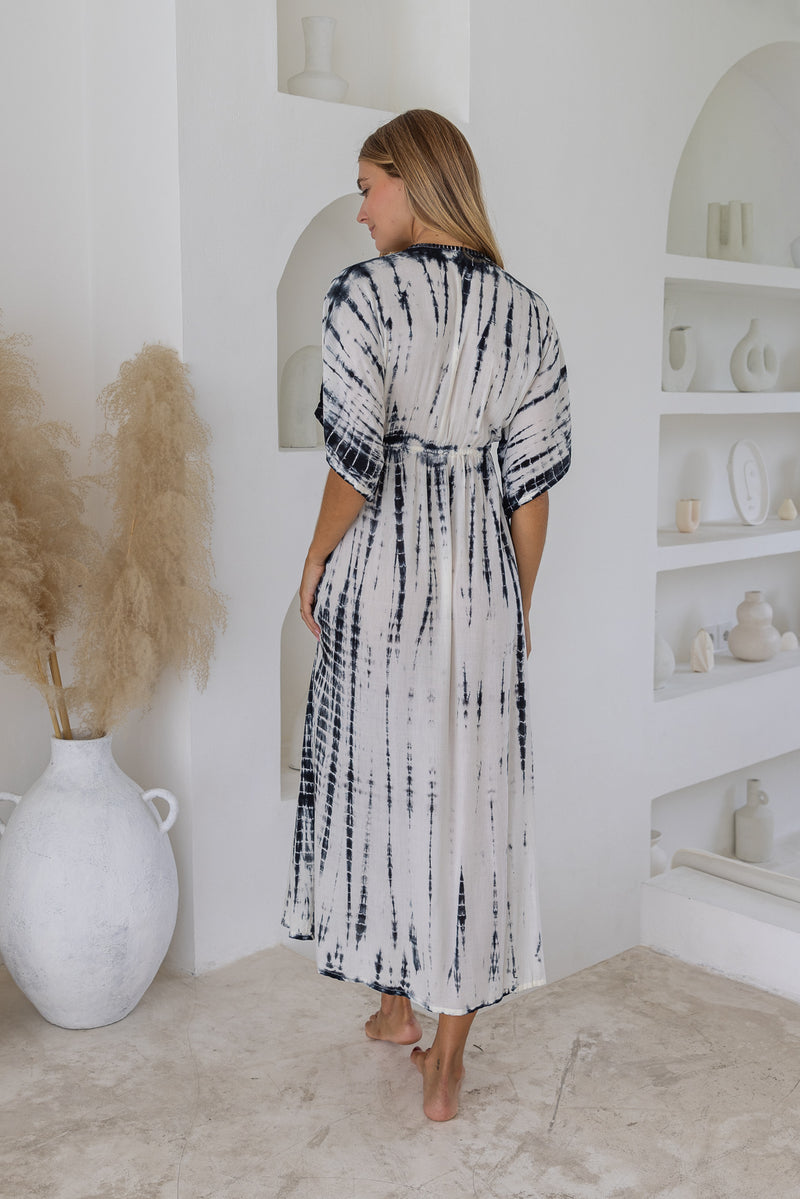 Womens mid length tie dye dress in cream featuring a hand beaded neckline, kimono sleeves, elasticated waist and pockets