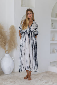 Womens mid length tie dye dress in cream featuring a hand beaded neckline, kimono sleeves, elasticated waist and pockets