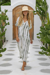 Womens mid length oversize tie dye kaftan in khaki and cream featuring a hand beaded neckline, short sleeves and pockets