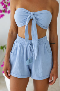 Womens super soft, 100% cotton Bandeau Top in baby blue, featuring a detachable front tie and elasticated back