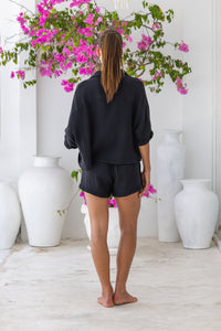 Women super soft, 100% cotton, button up, relaxed fit Box Shirt in black, with 3/4 length sleeves Pair with our matching shorts and trousers