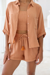 Womens super soft, 100% cotton, button up, relaxed fit Box Shirt in brick, with 3/4 length sleeves Pair with our matching shorts and trousers