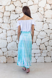 Womens long length tie dye wrap skirt in aqua blue featuring a self tie fastening and ruffle detail