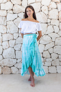 Womens long length tie dye wrap skirt in aqua blue featuring a self tie fastening and ruffle detail