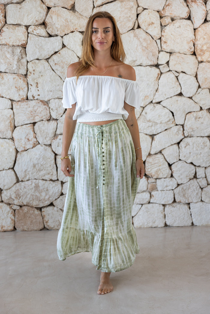 Womens off the shoulder gypsy style tie crop top in off white is perfect to coordinate with our trousers and skirts