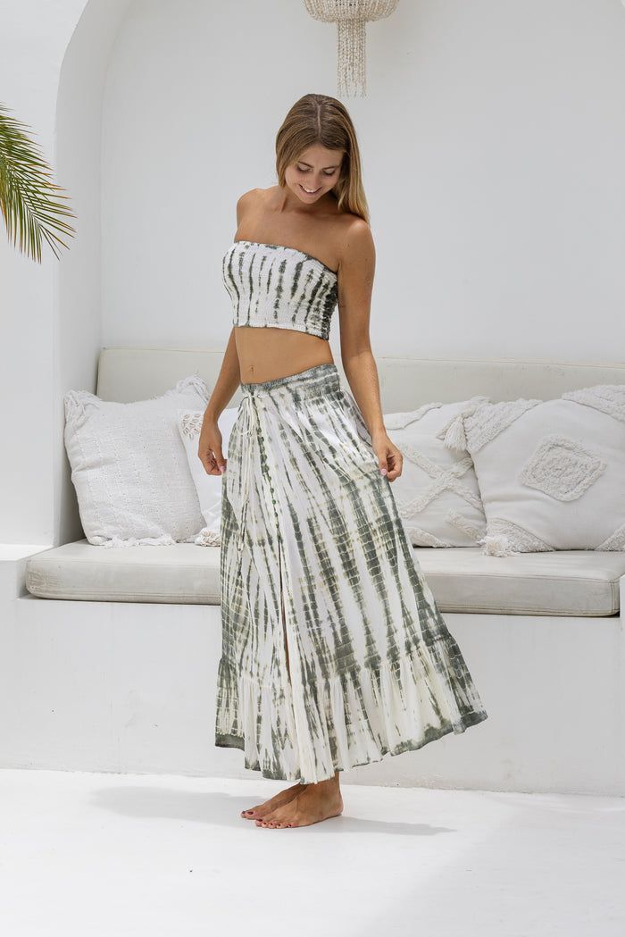 womens tie dye skirt in khaki and cream featuring a smocked waist and button down front closing