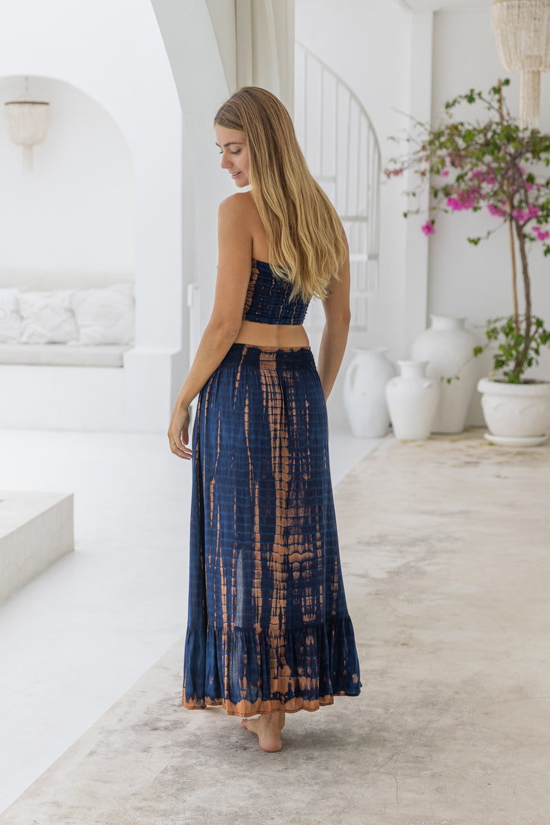 womens tie dye skirt in navy blue and brown featuring a smocked waist and button down front closing