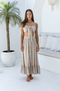 Womens super soft, 100% cotton Bandeau Top in beige featuring a detachable front tie and elasticated back. Pair with our matching shorts, trousers and shirt 