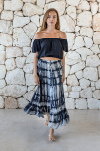 Womens tie dye skirt in grey featuring a smocked waist and button down front closing