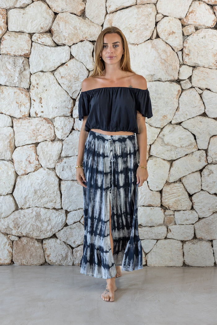 Womens tie dye skirt in grey featuring a smocked waist and button down front closing