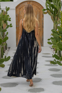 womens a line tie dye strappy dress in black featuring adjustable straps and side pockets