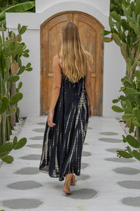 womens a line tie dye strappy dress in black featuring adjustable straps and side pockets