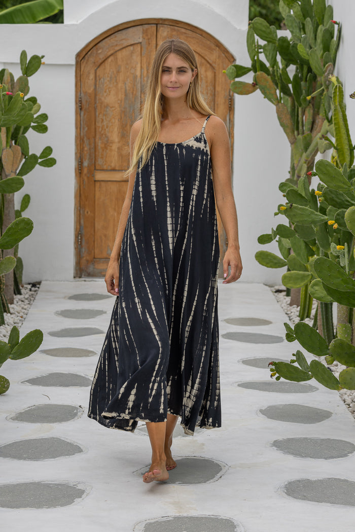 womens a line tie dye strappy dress in black featuring adjustable straps and side pockets