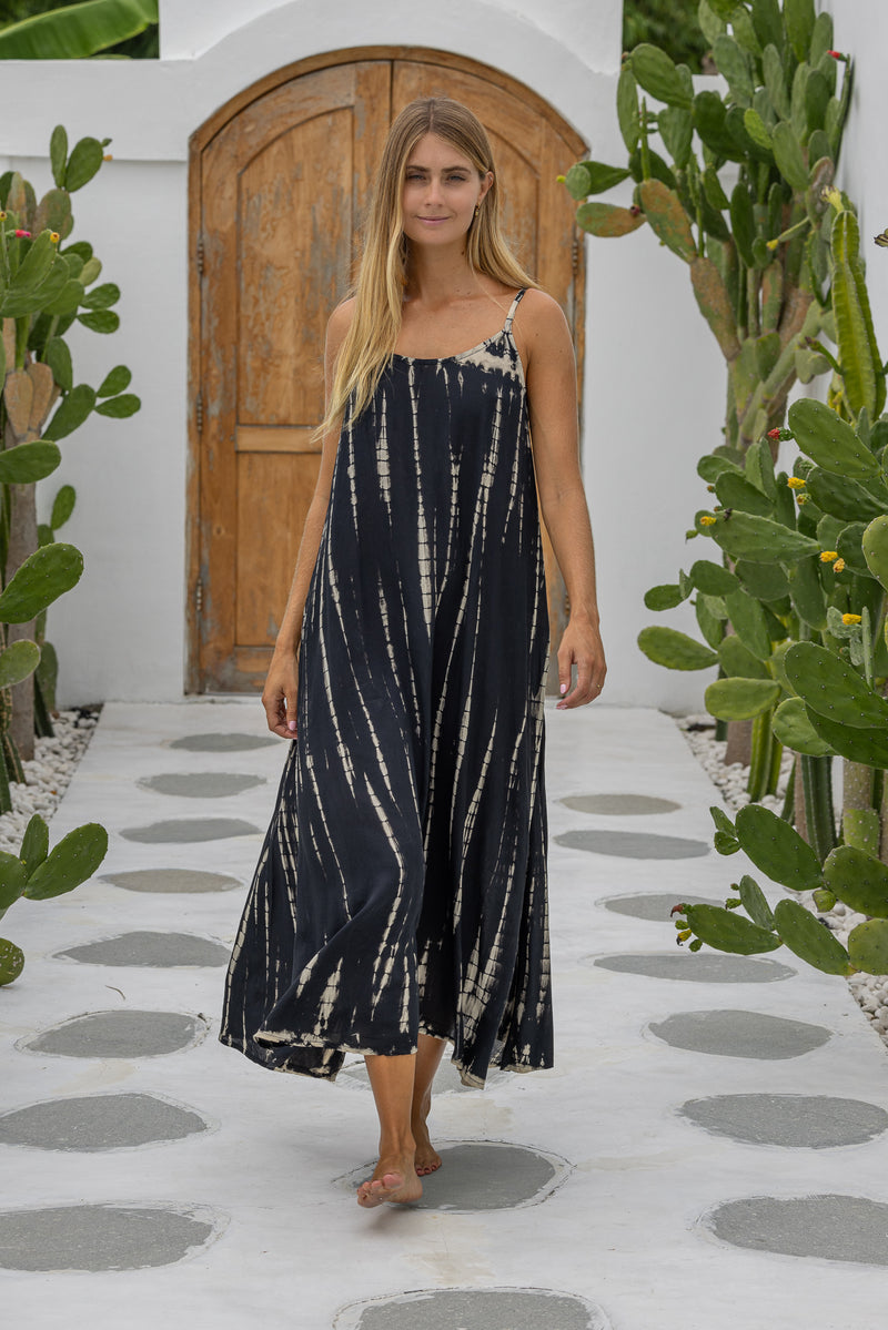 womens a line tie dye strappy dress in black featuring adjustable straps and side pockets