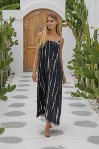 womens a line tie dye strappy dress in black featuring adjustable straps and side pockets