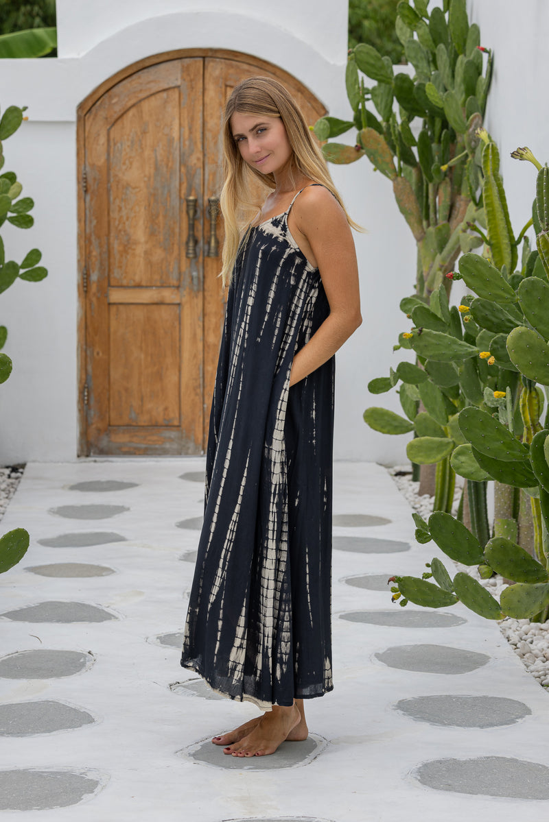 womens a line tie dye strappy dress in black featuring adjustable straps and side pockets