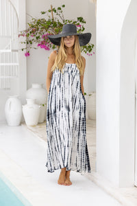 womens a line tie dye strappy dress in cream featuring adjustable straps and side pockets