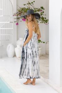 womens a line tie dye strappy dress in cream featuring adjustable straps and side pockets