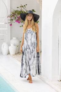 womens a line tie dye strappy dress in cream featuring adjustable straps and side pockets