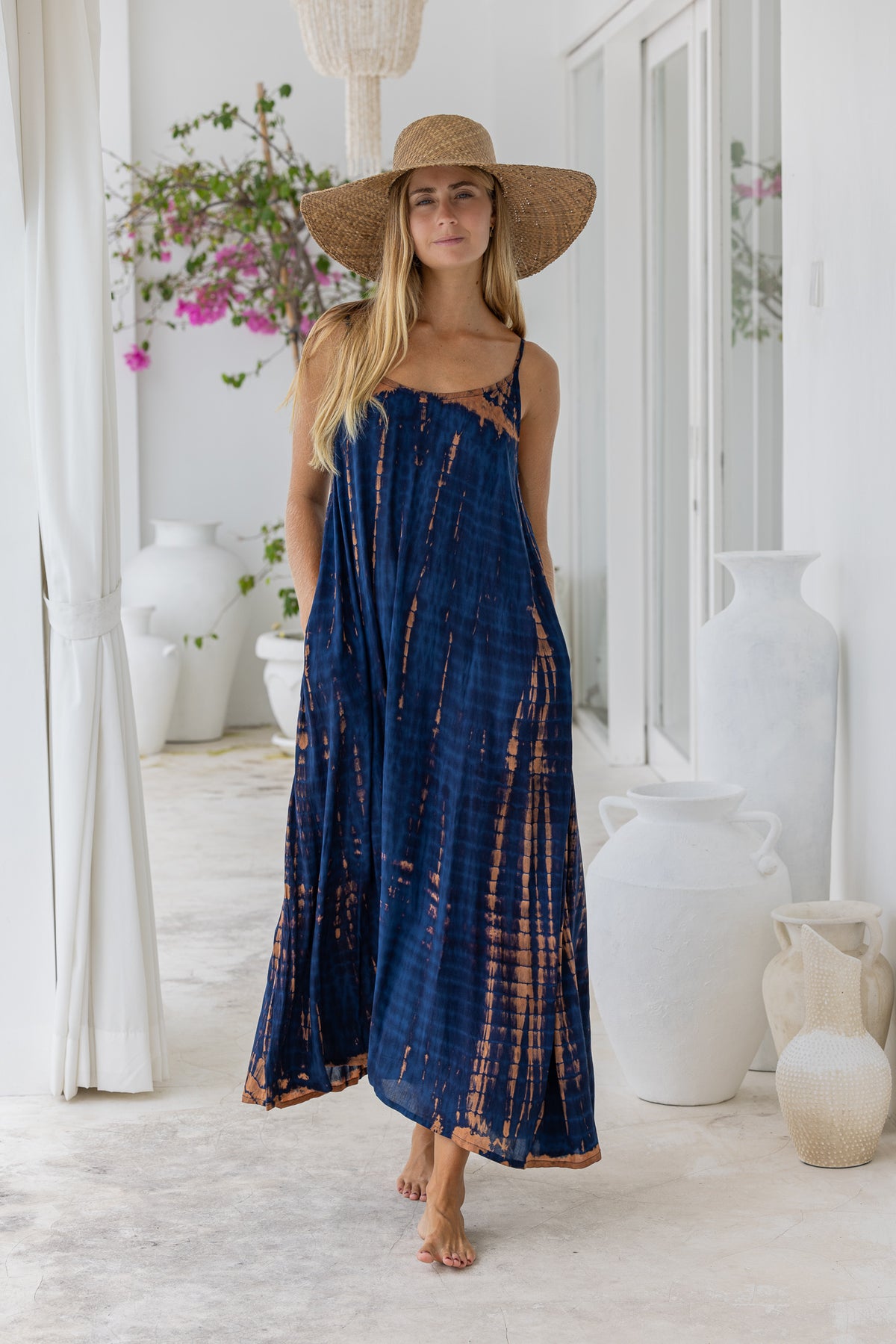 womens a line tie dye strappy dress in navy blue and brown featuring adjustable straps and side pockets