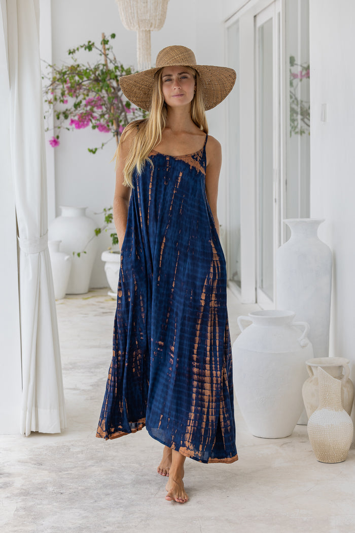 womens a line tie dye strappy dress in navy blue and brown featuring adjustable straps and side pockets