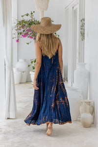womens a line tie dye strappy dress in navy blue and brown featuring adjustable straps and side pockets