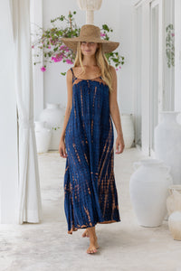 womens a line tie dye strappy dress in navy blue and brown featuring adjustable straps and side pockets
