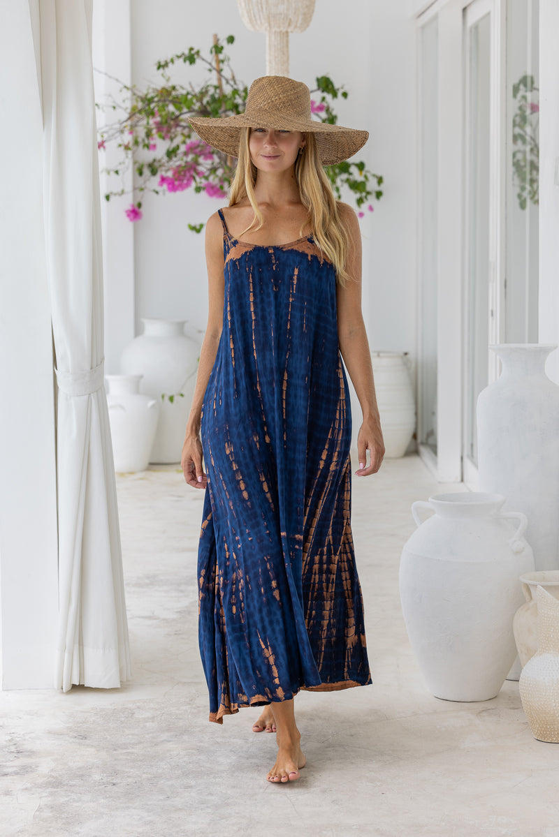 womens a line tie dye strappy dress in navy blue and brown featuring adjustable straps and side pockets