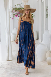 womens a line tie dye strappy dress in navy blue and brown featuring adjustable straps and side pockets
