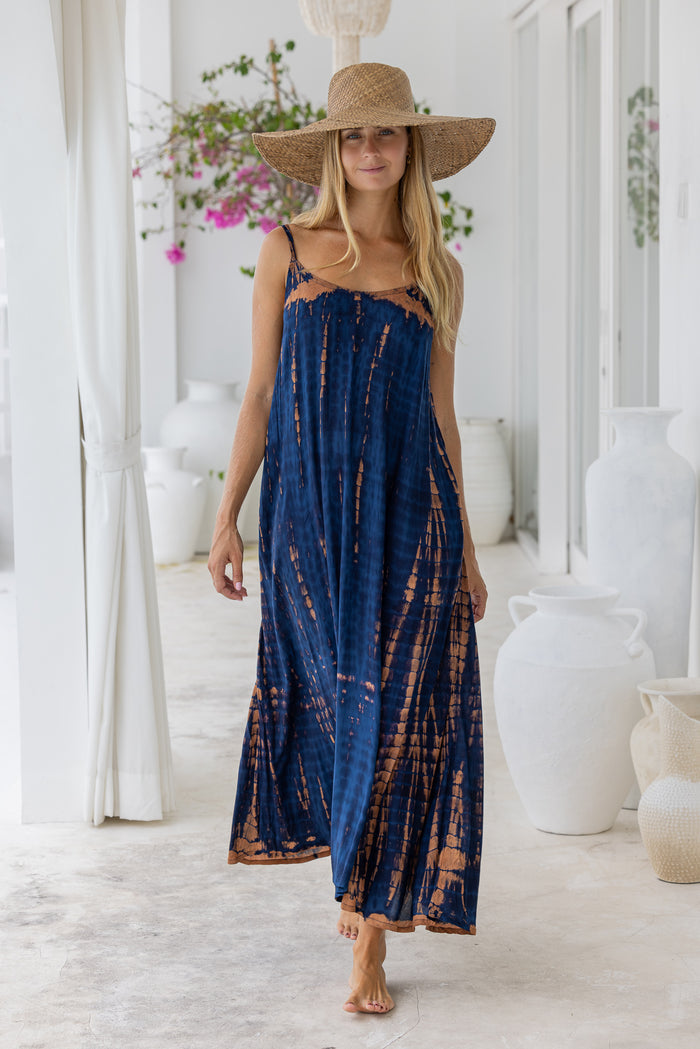 womens a line tie dye strappy dress in navy blue and brown featuring adjustable straps and side pockets