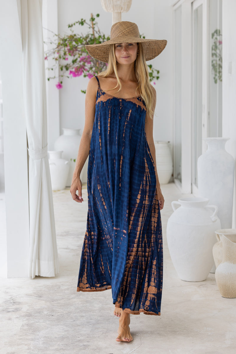 womens a line tie dye strappy dress in navy blue and brown featuring adjustable straps and side pockets