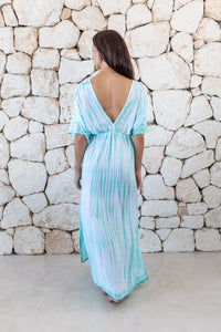 Womens overisze maxi length tie dye kaftan in aqua blue featuring a hand beaded neckline and pull tie detail