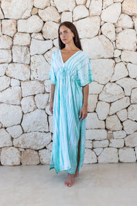 Womens overisze maxi length tie dye kaftan in aqua blue featuring a hand beaded neckline and pull tie detail