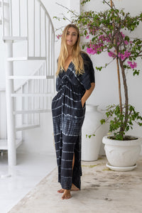 womens overisze maxi length tie dye kaftan in ink black and featuring a hand beaded neckline, pull tie detail and side pockets

