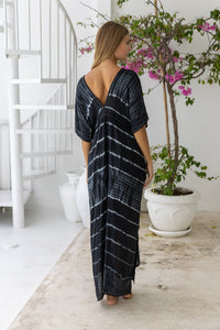 womens oversize maxi length tie dye kaftan in ink black and featuring a hand beaded neckline, pull tie detail and side pockets

