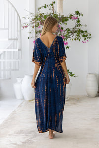 womens oversize maxi length tie dye kaftan in ink black and featuring a hand beaded neckline, pull tie detail and side pockets

