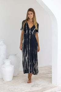 womens full length tie dye summer dress in black featuring a hand beaded v neckline, pull ties under the bust, short sleeves, pockets and side splits