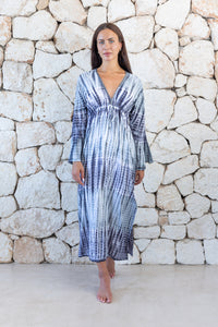 Womens full length tie dye summer dress in dark grey featuring a hand beaded v neckline, pull ties under the bust, trumpet sleeves and side splits
