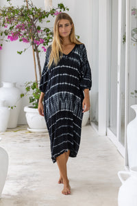 womens mid length oversize tie dye dress in ink black featuring a hand beaded v neckline, 3/4 length sleeves and pockets