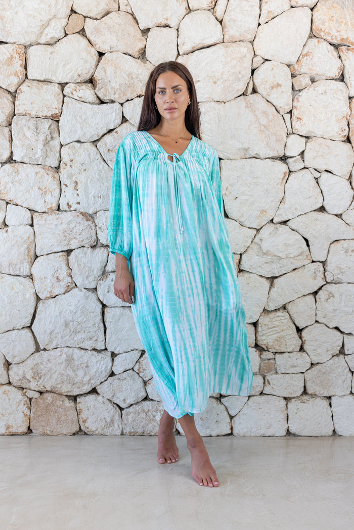 Womens tie dye oversize dress in ink black featuring tie detail, side pockets and long sleeves