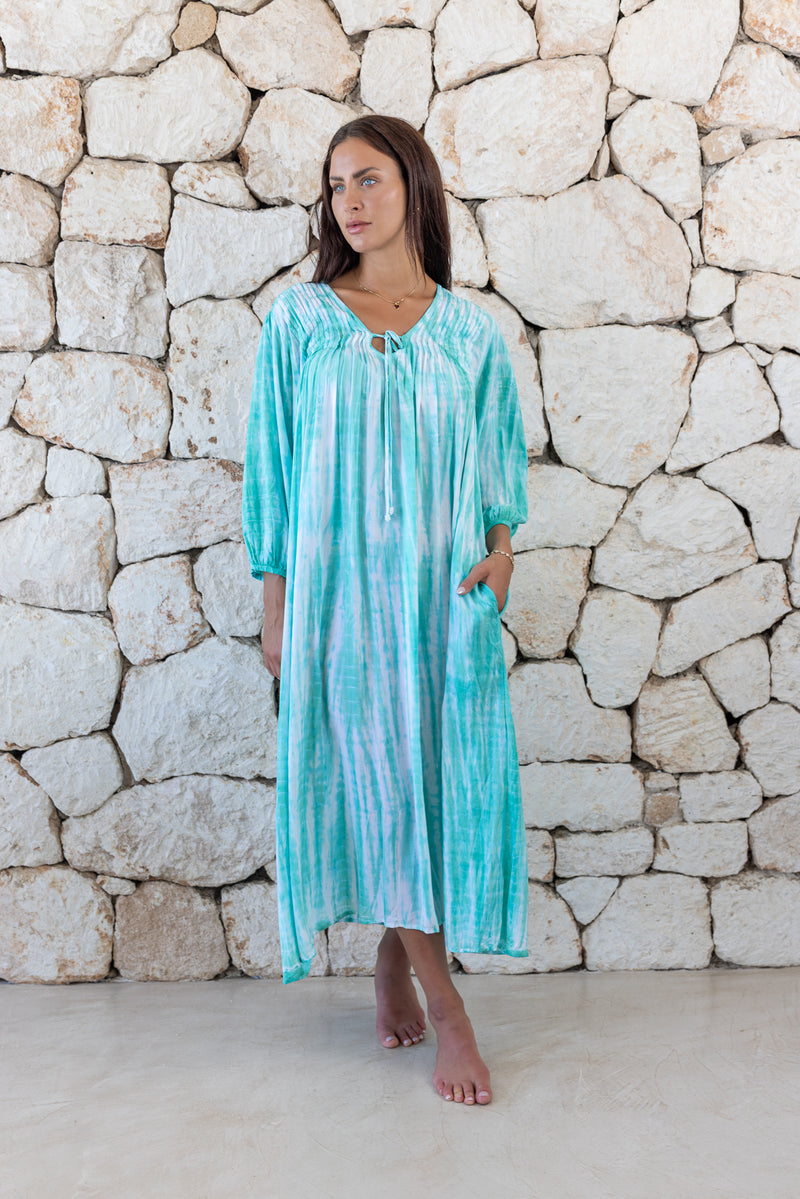 Womens tie dye oversize dress in ink black featuring tie detail, side pockets and long sleeves