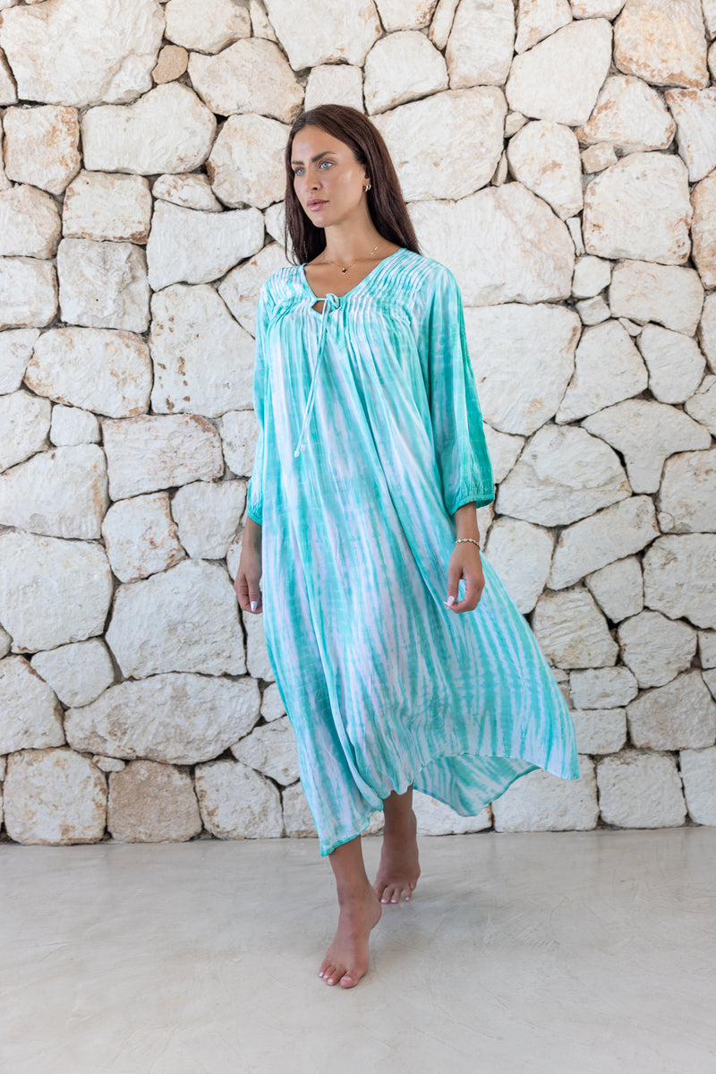 Womens tie dye oversize dress in ink black featuring tie detail, side pockets and long sleeves