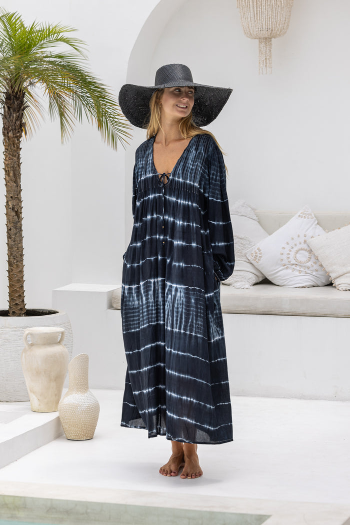 womens tie dye oversize dress in ink black featuring tie detail, side pockets and long sleeves