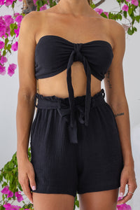 Womens super soft, 100% cotton Bandeau Top in black featuring a detachable front tie and elasticated back. Pair with our matching shorts, trousers and shirt 